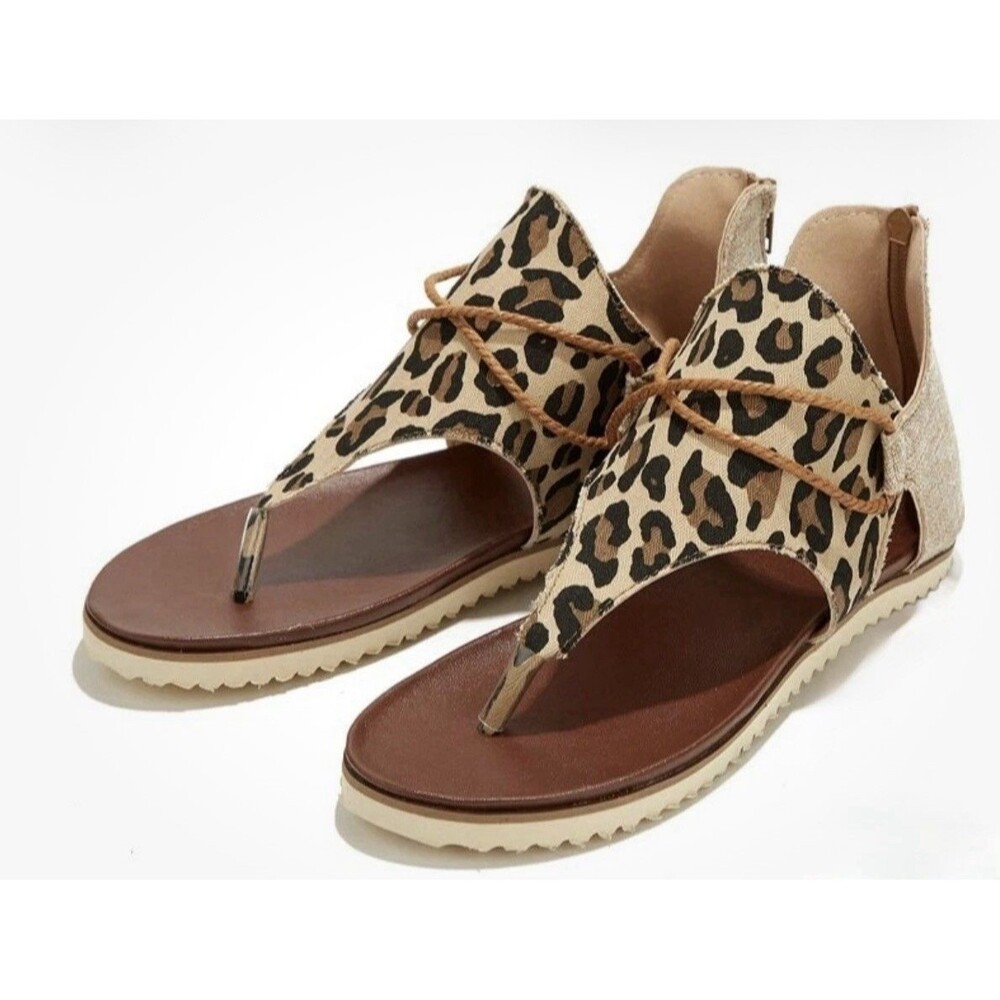 New Gladiator Sandal Flats Leopard Zipper Sz 9-9.5